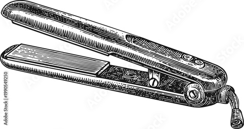 Vintage hair straightener engraving detailed electric flat iron sketch with cord illustration