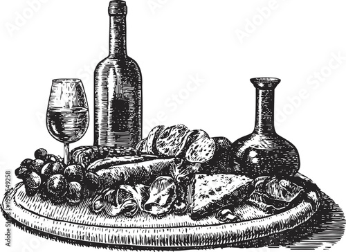 Vintage engraved platter with wine bottle glass grapes bread cheese and charcuterie food arrangement