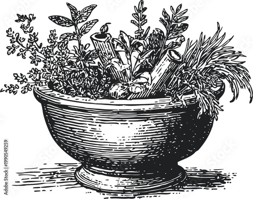 Woodcut illustration of mortar with fresh herbs and wooden pestle, natural botanical ingredients