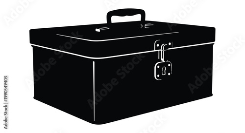 Black metal toolbox with handle and latch isolated on white background, storage container for tools and equipment, industrial and workshop supply