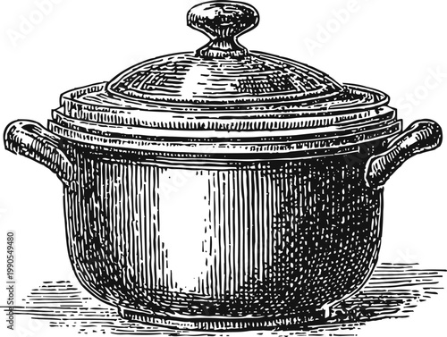 Vintage cast iron cooking pot with lid and handles, hand drawn kitchenware illustration