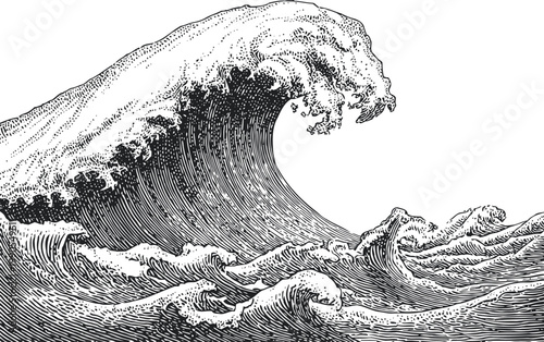 Vintage woodcut illustration of a large ocean wave crashing with foamy splash and turbulent sea