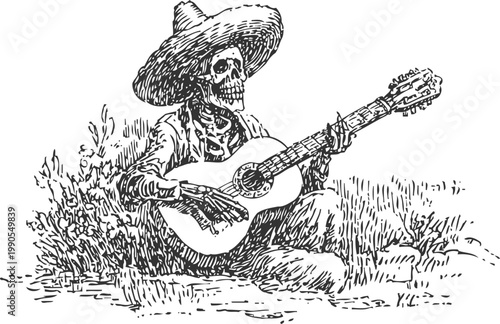 Skeleton wearing sombrero playing guitar sitting in grass detailed black and white sketch