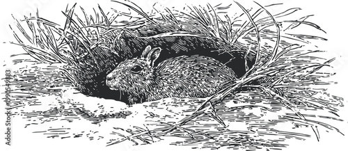 Rabbit in burrow surrounded by grass and branches, detailed black and white wildlife illustration