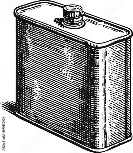 Hand drawn vintage metal flask with screw cap, container for liquids or alcohol illustration