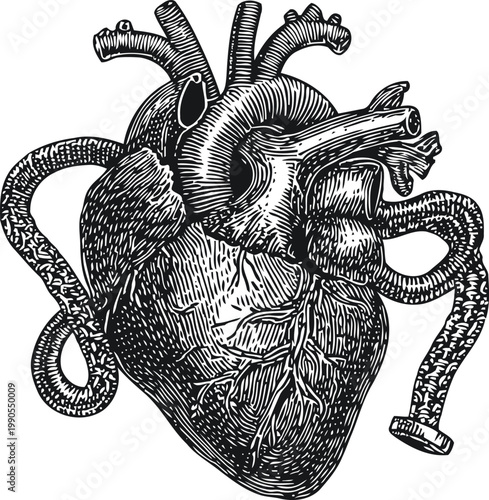 Detailed black and white vintage anatomical heart illustration with arteries and veins