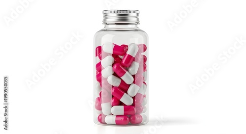 pink and white capsules in a clear bottle