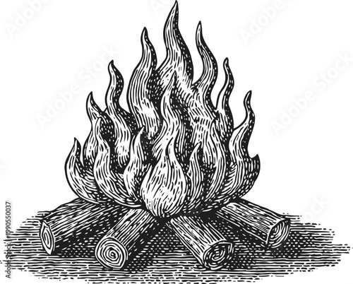 Vintage hand drawn campfire illustration with logs and flames in black and white