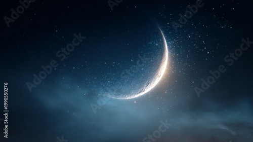 Crescent moon glowing in a deep night sky