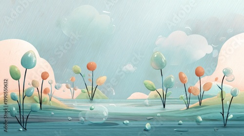 Cute cartoon river landscape with happy water droplets and tiny plants