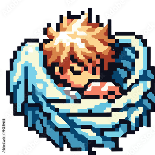 Pixel art illustration of a person with blonde hair curled up in a nest of light blue wings, conveying a sense of comfort and protection