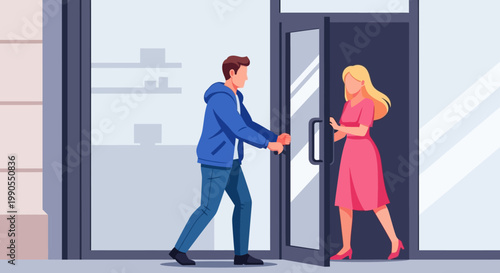 Man and woman shaking hands outside.