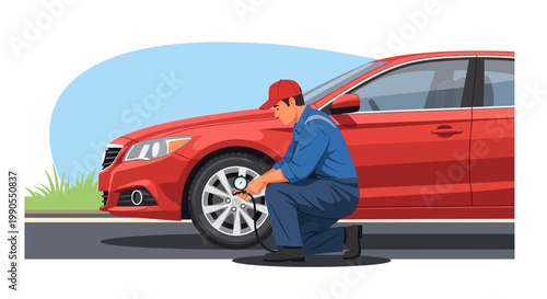 Man changing car tire on road.