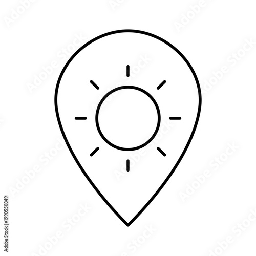 Sunny Map Pin Icon – Sun Weather Location Marker, Clear Sky Symbol, Weather App Icon, Thin Line Vector