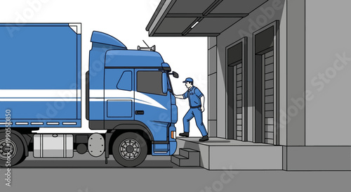 Man in blue uniform driving truck.
