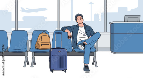 Man sitting with luggage at airport.