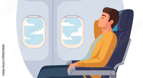 Man sitting in airplane seat sleeping.