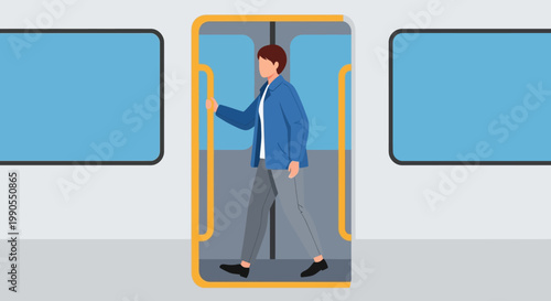 Man stepping into train car doorway.