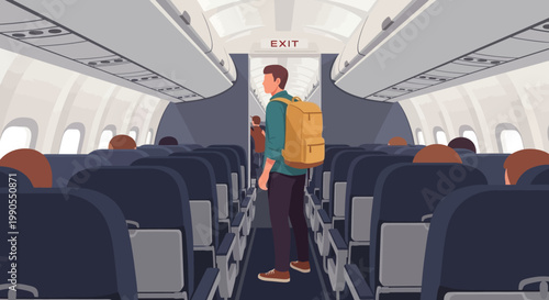 Man standing in airplane cabin aisle.