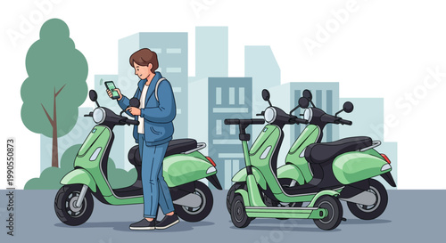 Man standing next to green scooters.