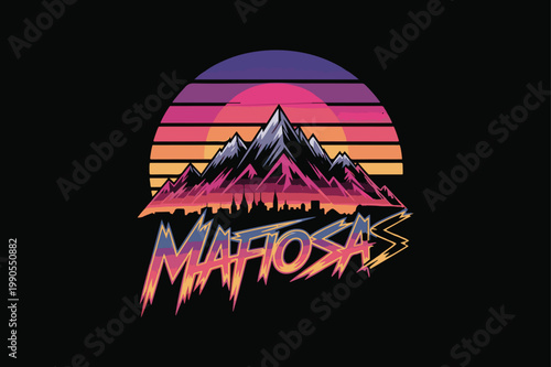 Scary winter night vector illustration of a flaming house silhouette near a mountain forest with a glowing fire icon art design
