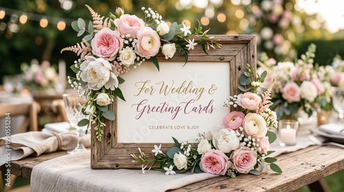Wedding Sign of Grace: A beautifully arranged wooden frame adorned with pastel-colored flowers elegantly displays a message, set on a rustic table, ready for greetings and celebration.
