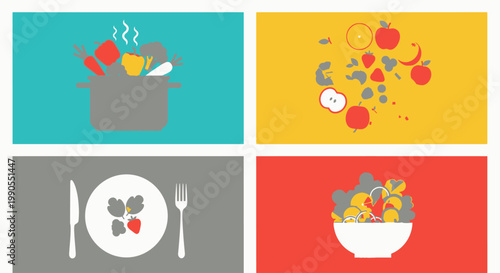 Colorful Food and Drink Icons Set.
