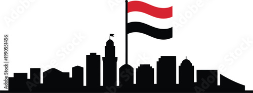 City skyline silhouette with national flag, urban landscape concept, patriotism and identity, modern architecture, downtown cityscape, economic growth, metropolitan business environment