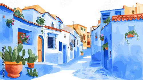 Chefchaouen Blue City. Chefchaouen Blue City hand drawn watercolor illustration on white background