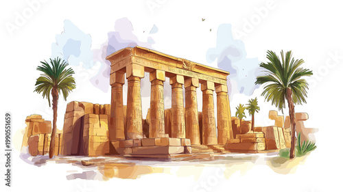 Karnak Temple. Karnak Temple hand drawn watercolor illustration on white background