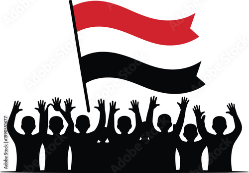 Crowd of people waving national flag silhouette, patriotism and celebration concept, public gathering, unity and support, cultural pride, social movement, cheering audience 
