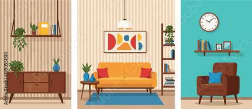 Modern Living Room Interior Vector Illustration Featuring Sofa, Armchair, Bookshelf, Wall Art, Plants, and Decorative Home Furniture Designs