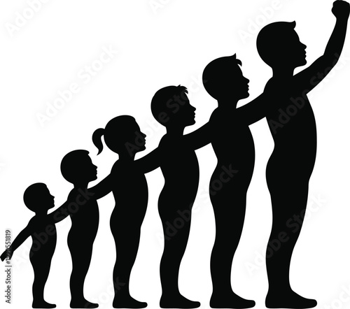 Human evolution growth stages silhouette icon in bold black style representing life progression, development, aging process, transformation, childhood to adulthood, growth concept, 