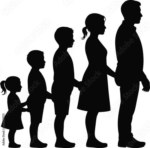 Family growth stages silhouette icon in bold black style representing life cycle, child to adult development, parenting, generational change, growth progression, family concept, 