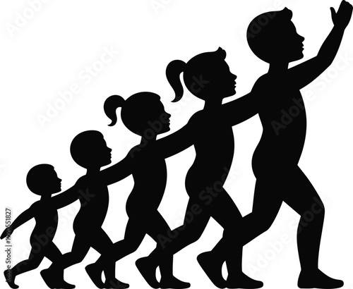 Dynamic Silhouette Collection Of Growing Human Figures Walking Forward Depicting Life Cycle Stages From Baby To Child To Adult Representing Progression Development Achievement And Future Success Steps