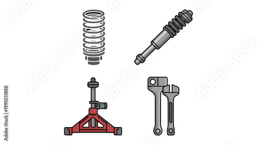 Mechanic Tools Components Illustration: Close-up illustration showing various mechanic tools such as spring, shock absorber, stand and wrenches.