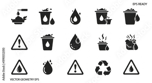 Set of icons related to water conservation and waste management.