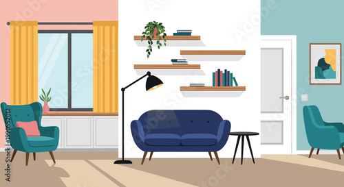 Modern Living Room Interior Vector Illustration Featuring Sofa, Armchairs, Floor Lamp, Shelves, Curtains, and Decorative Home Design Elements