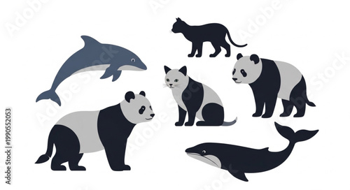 Collection of diverse animal silhouettes including pandas dolphins and cats.