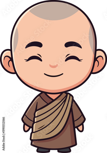An elderly monk wearing brown robes smiles peacefully indoors.