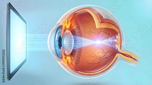 Digital Eye Strain From Screen Blue Light Exposure Detailed Anatomical Cross Section Of Human Eyeball Affected By Bright Light Rays Emanating From