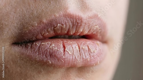 Extreme Close Up Of Severely Chapped Dry Cracked Lips With Flaking Skin In Natural Daylight Against A Blurred Gray Background