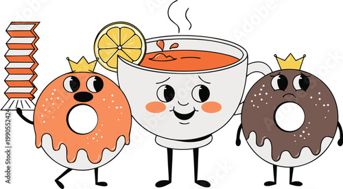 Retro Rubber Hose Style Cartoon Characters Coffee Cup and Donuts