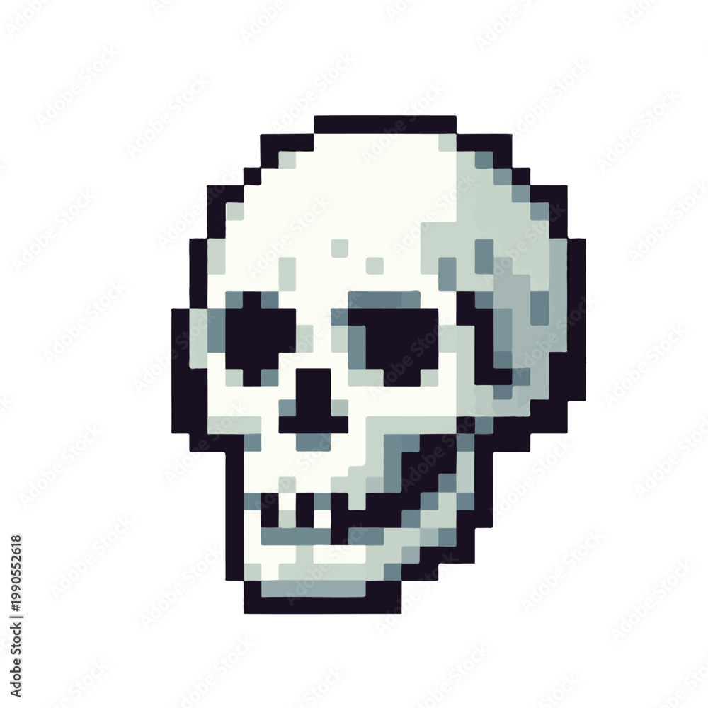 Fototapeta premium Pixel art skull icon, retro 8-bit graphic of a white skull with dark eye sockets and teeth, suitable for gaming or digital design