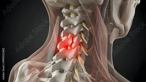 Detailed 3D Medical Animation of Human Cervical Spine Anatomy Illustrating Inflammation and Pain at the C5-C6 Vertebrae with Surrounding Musculature