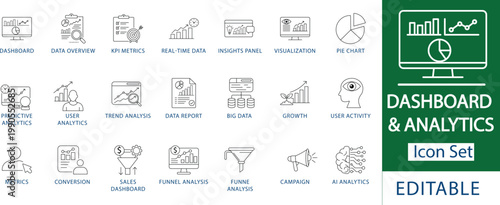 Dashboard and Analytics Icon Set: Professional Business KPI Metrics, Data Visualization, Predictive Analysis, User Growth, Sales Funnel, Real-time Monitoring and Big Data Report Line Icons.