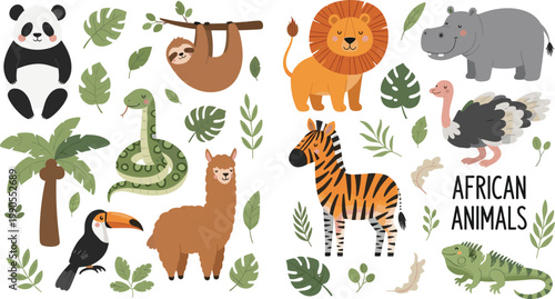 Cute Safari and Tropical Animal Vector Illustration Set Featuring Lion, Zebra, Panda, Sloth, Hippo, and Exotic Jungle Foliage for Nursery Decor and Kids Educational Design