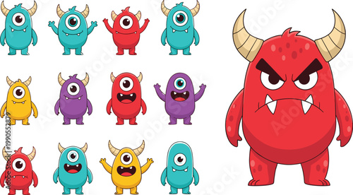 Set of Cute Cartoon Monster Characters Featuring One Eyed Creatures and Angry Red Monster with Horns for Kids Nursery Decor and Playful Halloween Design Projects