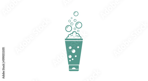 Teal Glass Cup with Green Liquid and Sparkling Bubbles, Refreshment Icon, Isolated White Background