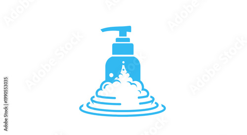 Blue Soap Dispenser with Abundant Foam and Bubbles, Cleaning Concept, Isolated White Background